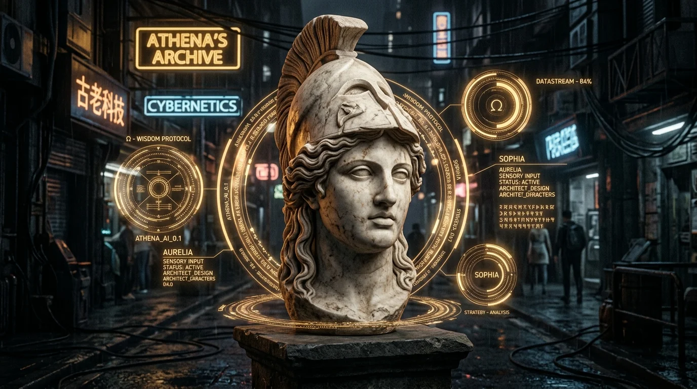 Agentic Workflows - Classical marble statue of Athena in a cyberpunk city street with glowing golden holographic HUD interfaces