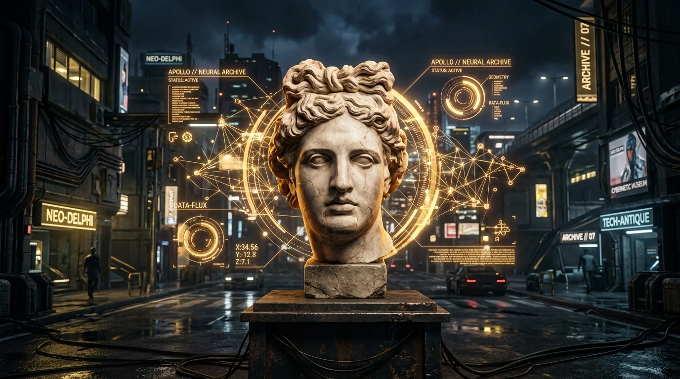 Multi-Agent Consensus - Classical marble statue of Apollo in a cyberpunk city street with glowing golden network nodes