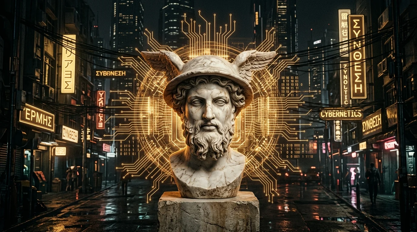 Small Language Models - Classical marble statue of Hermes in a cyberpunk city street with glowing golden CPU circuits